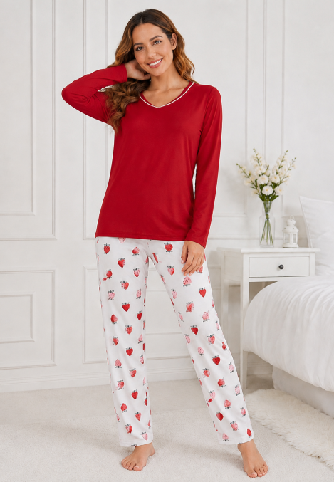 Pijama de damă cu bluză cu maneca lunga și pantaloni -Rosu ,Engros